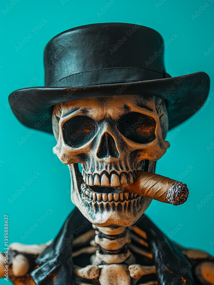 Skeleton wearing a hat and smoking a cigar Skeleton wearing a hat and smoking a cigar