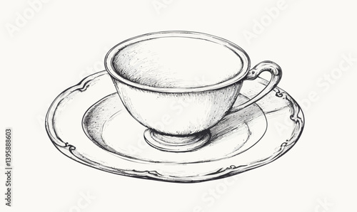 Vintage Tea Cup and Saucer Engraved Sketch in Minimalist Flat SVG Vector Style