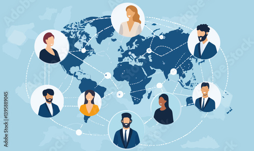 Diverse Global Business Team Network on World Map Illustration for Connectivity Concept
