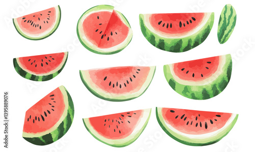 Vibrant Watercolor Vector Illustration of Ripe Watermelon Slices and Whole Melon