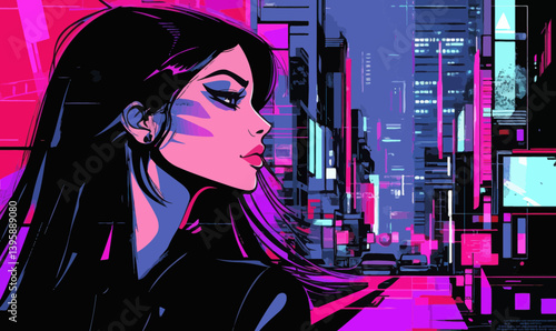 Anime Cyberpunk Girl in Futuristic Cityscape Minimalist Vector Illustration