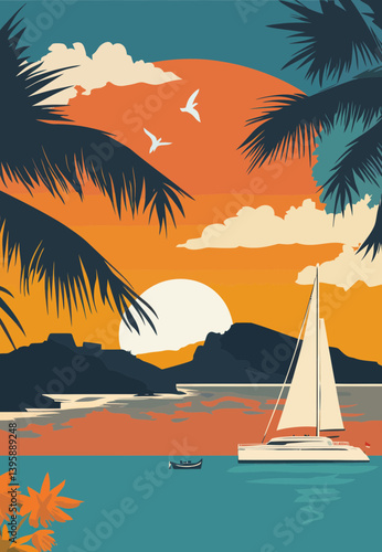 Retro Ibiza Coastal Vacation Poster Illustration with Sailboat and Sunset