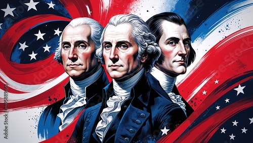 Prominent historical figures, dressed in 18th-century attire, stand proudly against a backdrop of red, white, and blue. The artwork captures the spirit of Independence Day