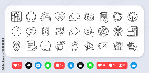 Energy, Buying house and Fast delivery line icons pack. Social media: share, comment, like icons. Manual, Customer survey, Metro map web icon. Recycle, Lock, Change money pictogram. Vector