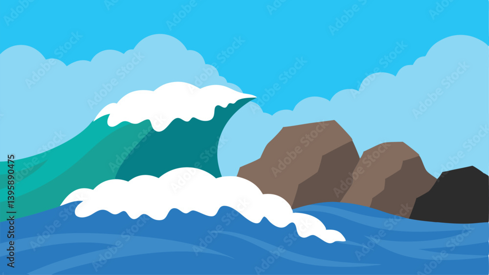 Dramatic Ocean Waves Breaking on a Stony Shoreline Vector Illustration Background Dramatic Ocean Waves Breaking on a Stony Shoreline Vector Illustration Background