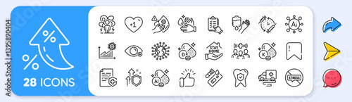 Coronavirus, Dirty mask and Stay home line icons. Interest rate, AI generate, Inflation icons. Pack of Ambulance transport, Covid test, Checklist icon. Vector