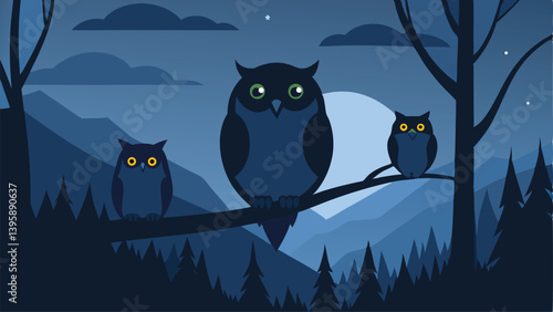 Enchanting Owls Perched on a Branch in a Twilight Forest Vector Illustration Background