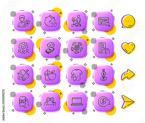 Search people, Wash t-shirt and Juice line icons. App 3d buttons. Social media comment, share, like icons. Pack of Notebook, Website search, Cashback icon. Vector