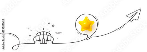 Arena stadium line icon. Continuous line with share plane. Competition building sign. Sport complex symbol. 3d star in speech bubble. Arena stadium single line ribbon. Loop curve pattern. Vector