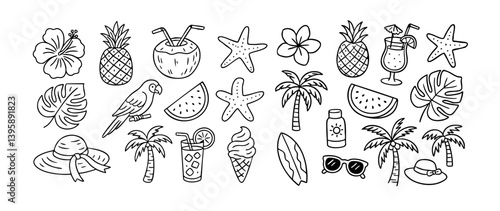 Set of hand drawn tropical summer doodle elements. Minimalist line art icons of palm trees, fruits, cocktails, flowers. Vacation design for print, packaging, invitation, coloring page
