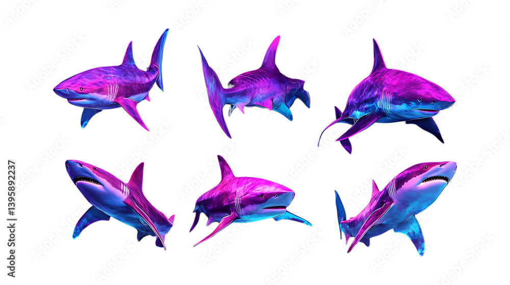 Fototapeta premium Pack Shark Set in Different Poses Against Transparent Background for Marine Life, Ocean Illustration, or Wildlife Design