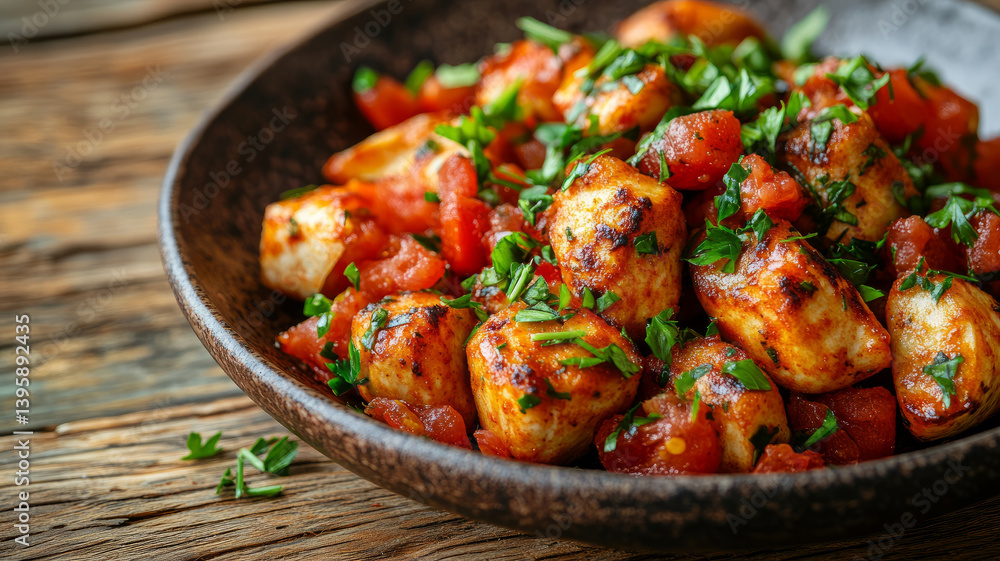 Grilled chicken with herbs and tomatoes in a rustic bowl. Grilled chicken with herbs and tomatoes in a rustic bowl.