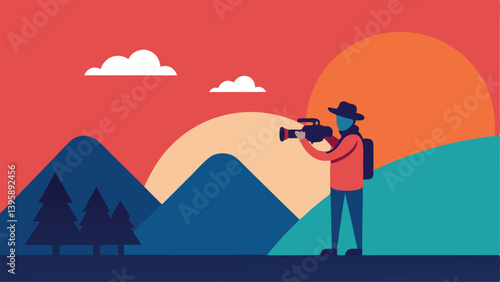 Photographer Capturing a Stunning Mountain Landscape at Sunrise Vector Illustration Background
