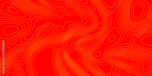 Geometrics line technology topo landscape grid map geodesy topography map trendy modern background and minimal terrain texture, abstract texture of yellow topographic map lines on red background.
