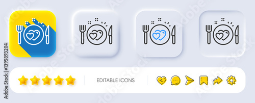 Romantic dinner line icon. Neumorphic, Flat shadow, 3d buttons. Valentines day food sign. Couple relationships symbol. Line romantic dinner icon. Social media icons. Vector