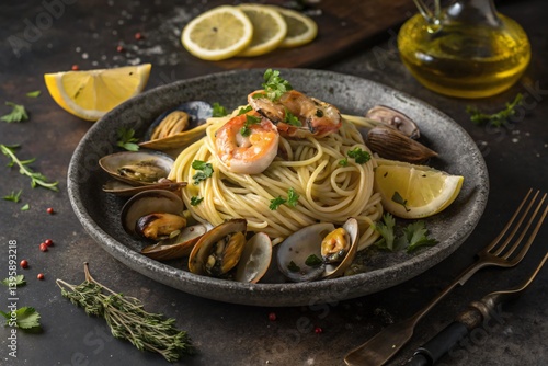 A delightful plate of spaghetti alle vongole, featuring succulent shrimp and plump clams, bathed in a vibrant lemon-infused sauce, presented on a rustic stone plate with warm lighting.