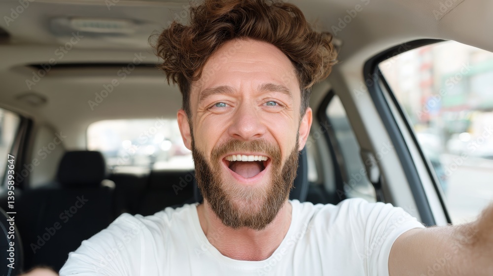 Man with a beard is smiling and laughing while driving a car. He is taking a selfie of himself Man with a beard is smiling and laughing while driving a car. He is taking a selfie of himself