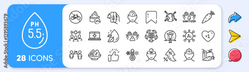 Vaccine announcement, Ph neutral and Brain working line icons. Interest rate, AI generate, Inflation icons. Pack of World vaccination, Water drop, Clean hands icon. Vector