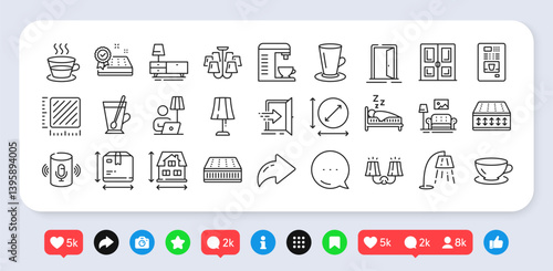 Coffee machine, Espresso and Mattress line icons pack. Social media: share, comment, like icons. Door, Entrance, Open door web icon. Sconce light, Voice assistant, Floor lamp pictogram. Vector