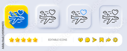 Honeymoon travel line icon. Neumorphic, Flat shadow, 3d buttons. Love trip sign. Valentines day flight symbol. Line honeymoon travel icon. Social media icons. Vector