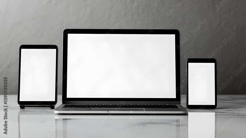 Digital devices in front of blank wall: Showcase of a collection of various digital screens, capturing a visual array of tech tools, all ready to display digital works. Digital devices in front of blank wall: Showcase of a collection of various digital screens, capturing a visual array of tech tools, all ready to display digital works.
