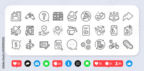 Tax documents, Coffeepot and Fireworks line icons pack. Social media: share, comment, like icons. Insurance hand, Prohibit food, Question mark web icon. Vector