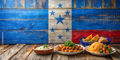 Fototapeta Naklejka Na Ścianę i Meble -  Honduran Flag Wooden Background Food Photography Stock Photo