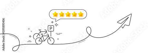 Bicycle parking line icon. Continuous line with share plane. City bike transport sign. Outdoor transportation symbol. Five star rate review in speech bubble. Bicycle parking single line ribbon. Vector