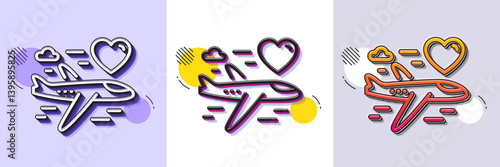 Honeymoon travel line icon. Halftone dotted pattern. Gradient icon with grain shadow. Love trip sign. Valentines day flight symbol. Line honeymoon travel icon. Various designs. Vector
