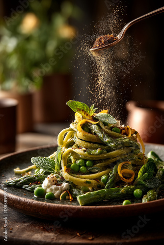 Artistically Plated Spaghetti with Asparagus, Peas, and Wild Garlic Pesto, Being Seasoned