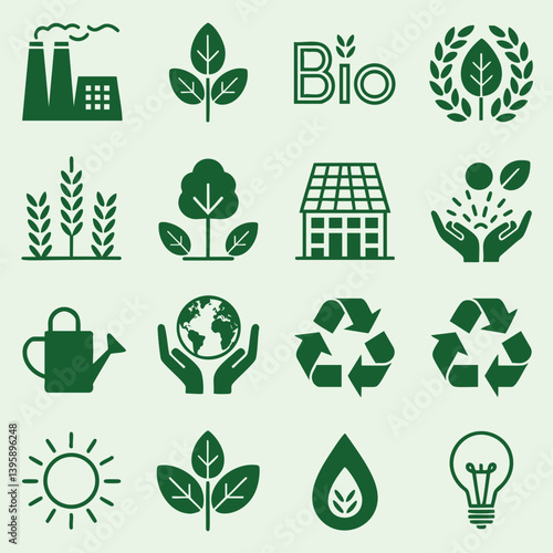 This image features a set of green icons representing various aspects of sustainability and eco-friendly practices