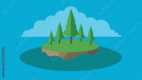 Picturesque Small Island with Lush Trees in the Middle of a Large Lake Vector Illustration Background