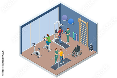 Isometric vector illustration of a rehabilitation therapy room with treadmills, bikes, parallel bars, patients and therapists. Physical therapy and healthcare concept. Athletic lifestyle, sports