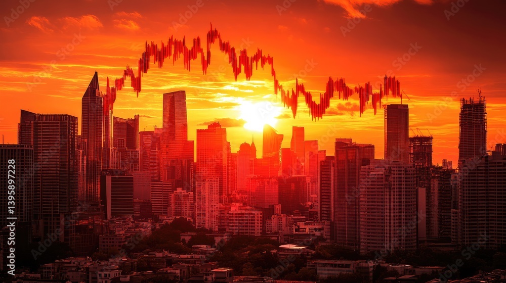 Obraz premium Red market downtrend over city skyline at sunset