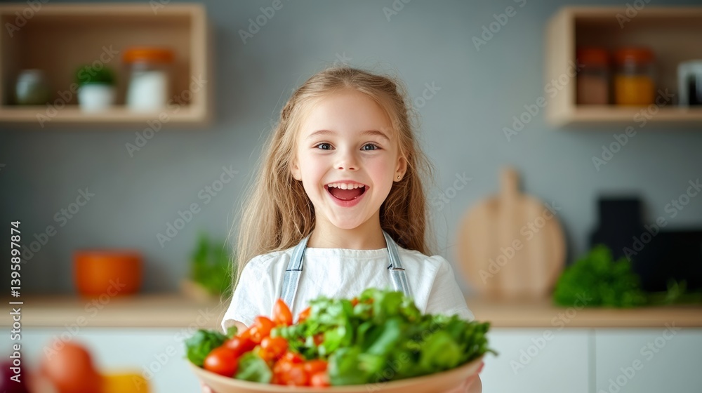 Young girl is holding a bowl of vegetables, including tomatoes and lettuce. She is smiling and she is happy Young girl is holding a bowl of vegetables, including tomatoes and lettuce. She is smiling and she is happy