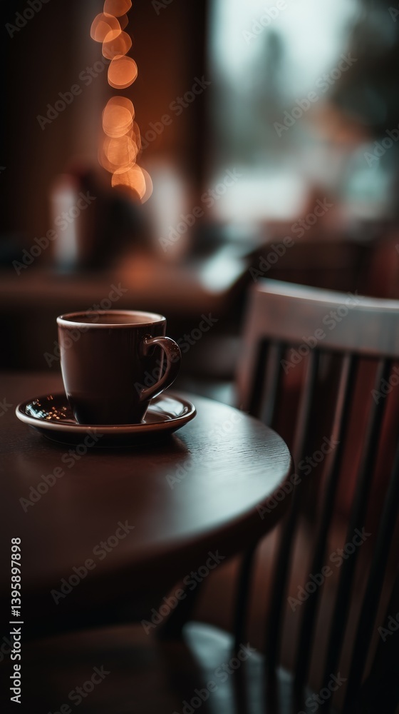 Fototapeta premium Warm coffee cup on a wooden table in a cozy interior setting