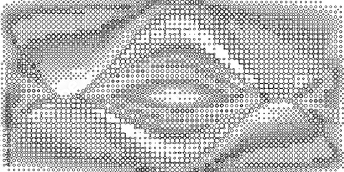 Black spots and dotted shape geometric pattern marks on white background, abstract texture of old background distorted stroke trendy design defect distressed effect halftone dots screen texture.