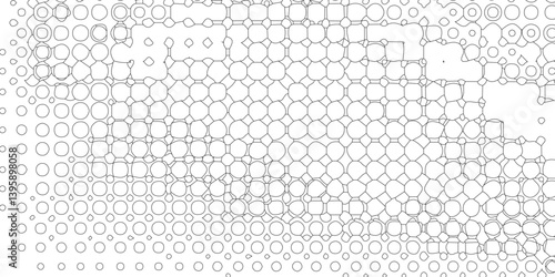 Black spots and dotted shape geometric pattern marks on white background, abstract texture of old background distorted stroke trendy design defect distressed effect halftone dots screen texture.
