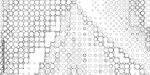 Black spots and dotted shape geometric pattern marks on white background, abstract texture of old background distorted stroke trendy design defect distressed effect halftone dots screen texture.