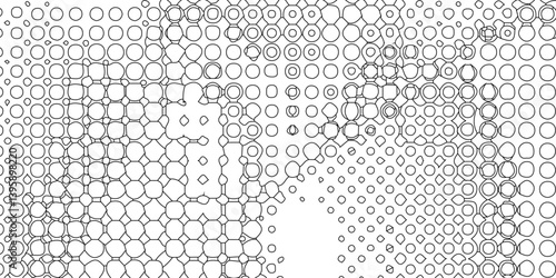 Black spots and dotted shape geometric pattern marks on white background, abstract texture of old background distorted stroke trendy design defect distressed effect halftone dots screen texture.