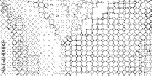 Black spots and dotted shape geometric pattern marks on white background, abstract texture of old background distorted stroke trendy design defect distressed effect halftone dots screen texture.