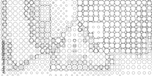 Black spots and dotted shape geometric pattern marks on white background, abstract texture of old background distorted stroke trendy design defect distressed effect halftone dots screen texture.