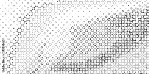 Black spots and dotted shape geometric pattern marks on white background, abstract texture of old background distorted stroke trendy design defect distressed effect halftone dots screen texture.