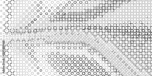 Black spots and dotted shape geometric pattern marks on white background, abstract texture of old background distorted stroke trendy design defect distressed effect halftone dots screen texture.