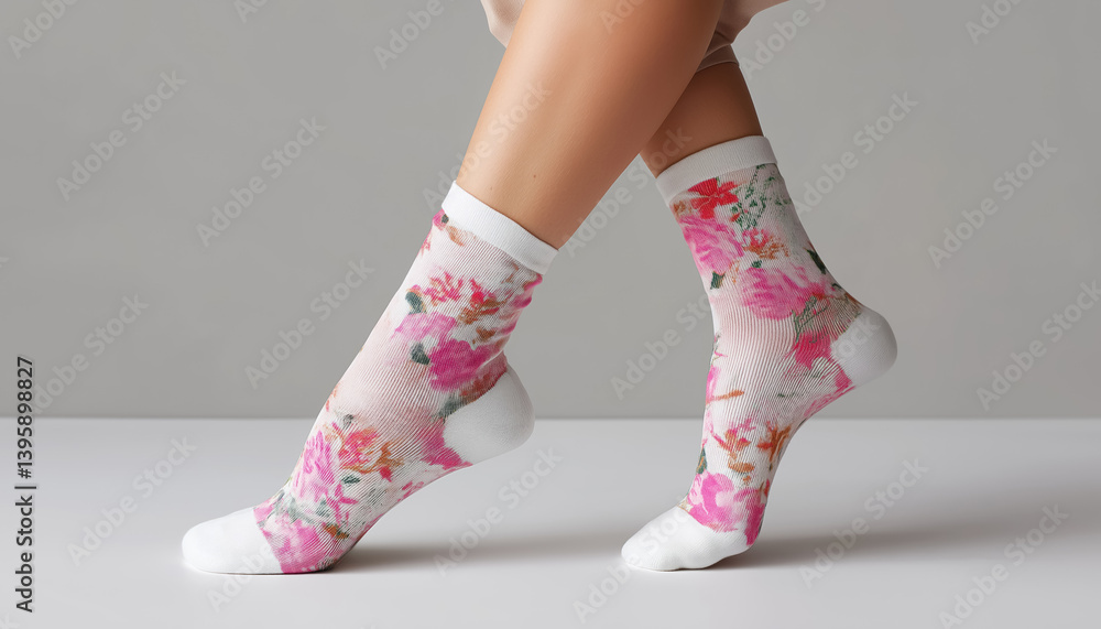 white socks with vibrant pink flower print worn with legs crossed in minimal setting