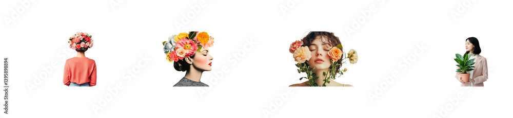 Diverse women with flowers, elegant poses, serene expressions, cut out transparent Diverse women with flowers, elegant poses, serene expressions, cut out transparent