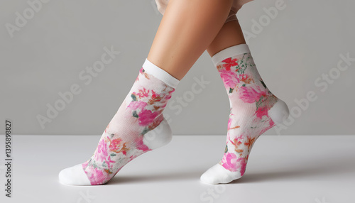 Obraz na płótnie white socks with vibrant pink flower print worn with legs crossed in minimal setting w salonie