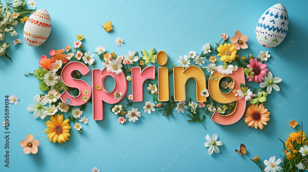 spring celebration with colorful flowers and decorated easter eggs on blue background for seasonal greeting designs
