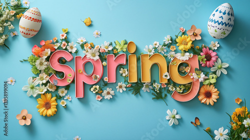 Obraz na płótnie spring celebration with colorful flowers and decorated easter eggs on blue background for seasonal greeting designs w salonie