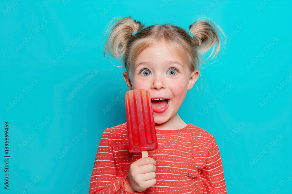 happy blonde girl with pigtails holding red popsicle against blue background summer concept